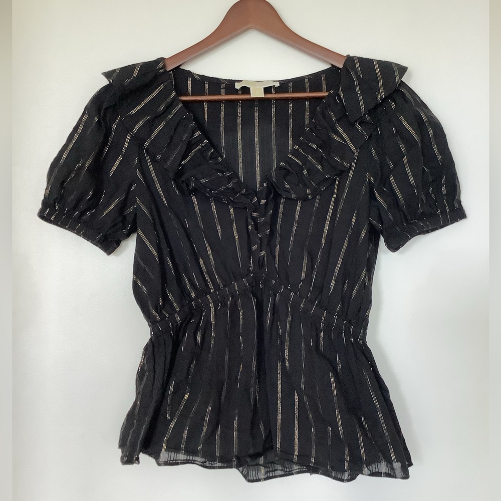 Michael Kors 99% Cotton 1% Metallic ruffle blouse - gold silver shiny detail